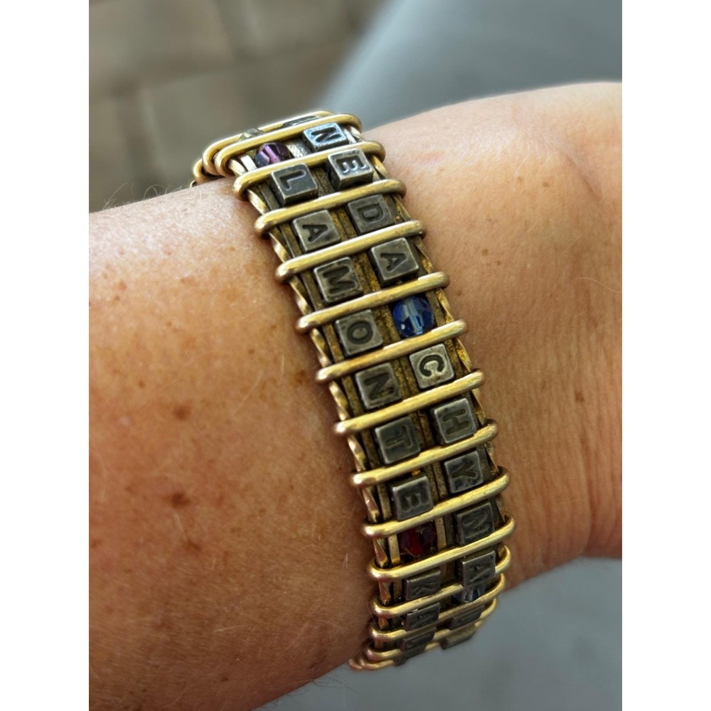 Vintage‎ Wire Wrapped Letter Block Bracelet Gold Tone Mixed Metal Statement